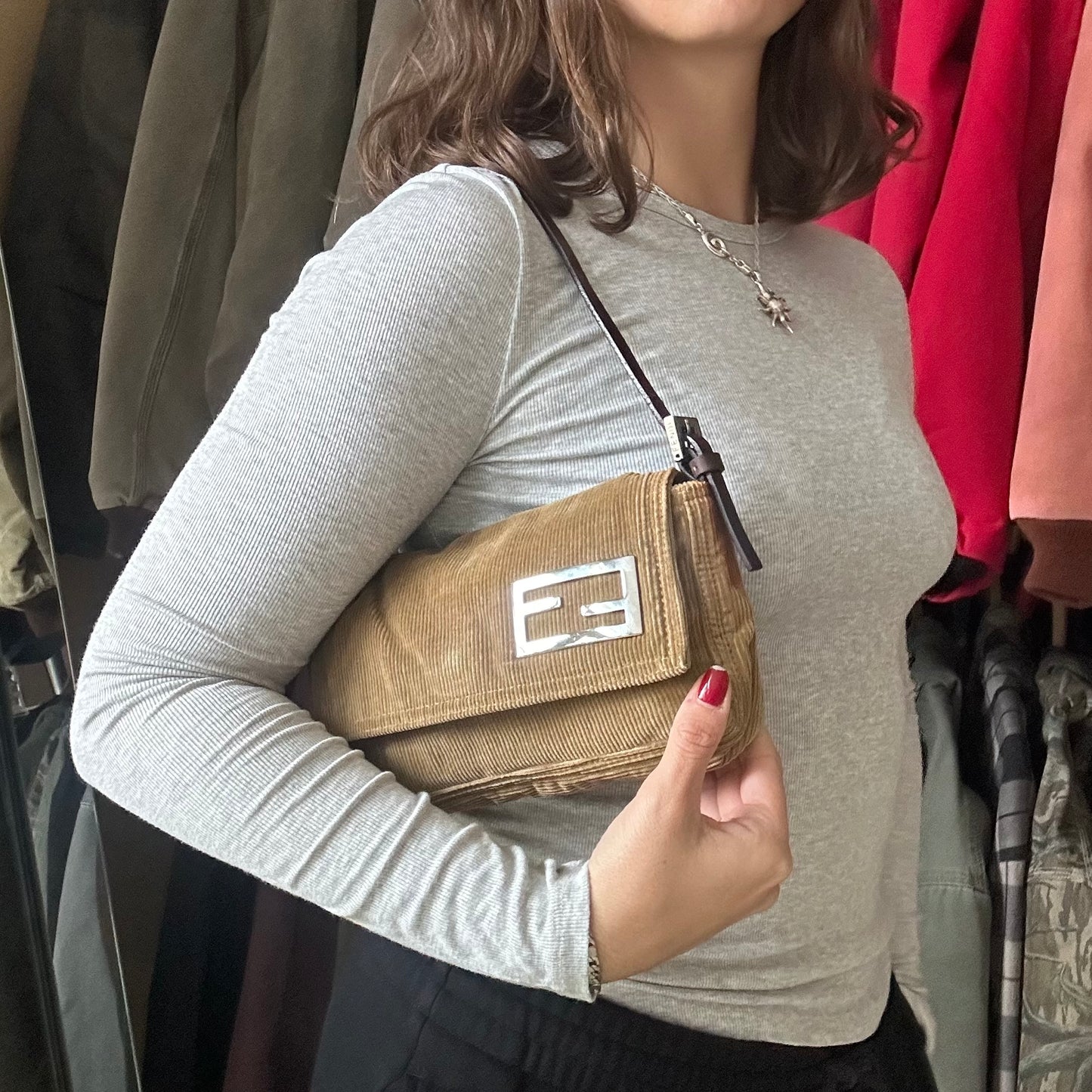 Vintage Fendi Tan Corduroy Mini Baguette