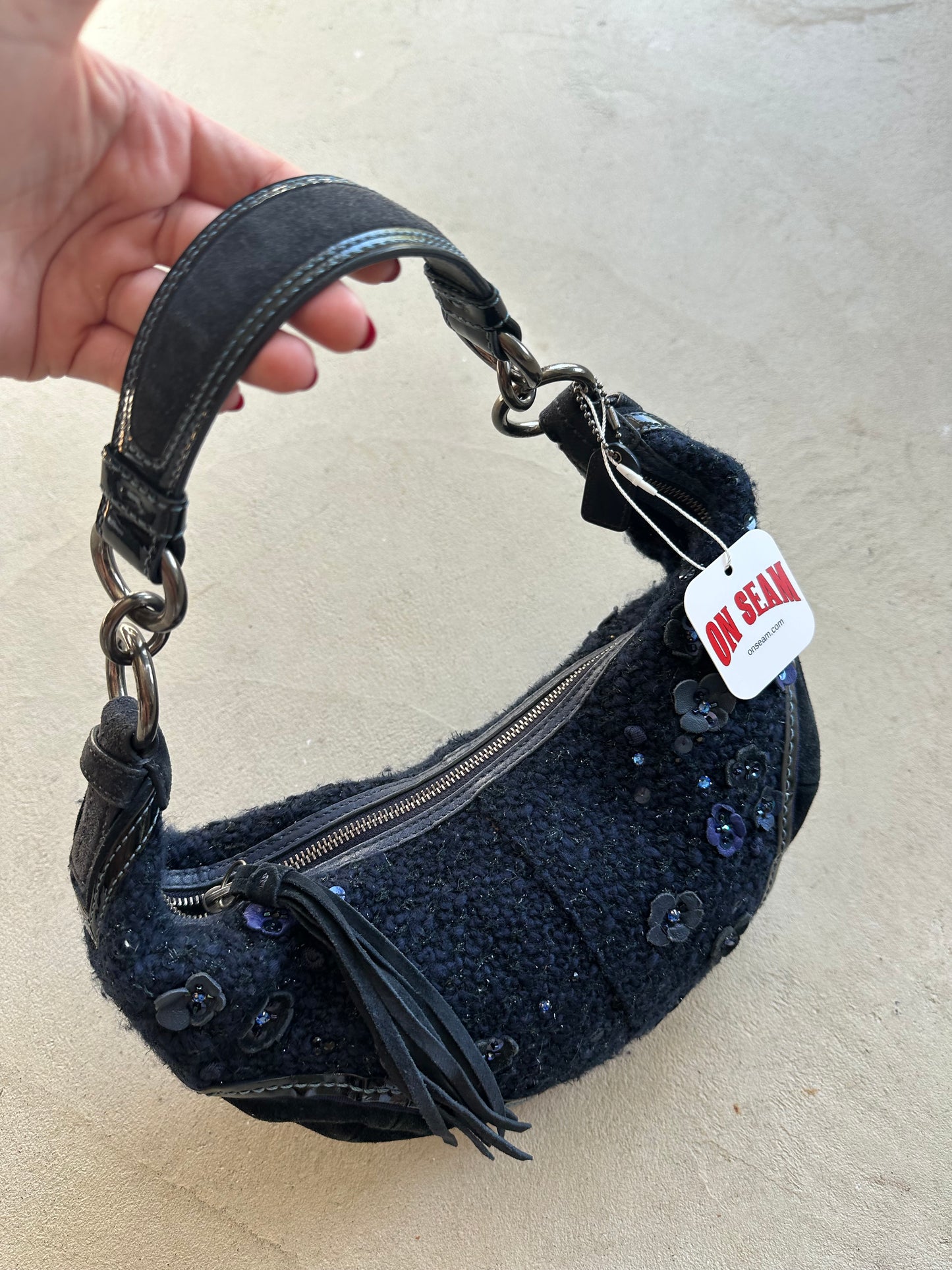 Vintage Y2K Coach Flower Navy Wool Croissant Shoulder Bag