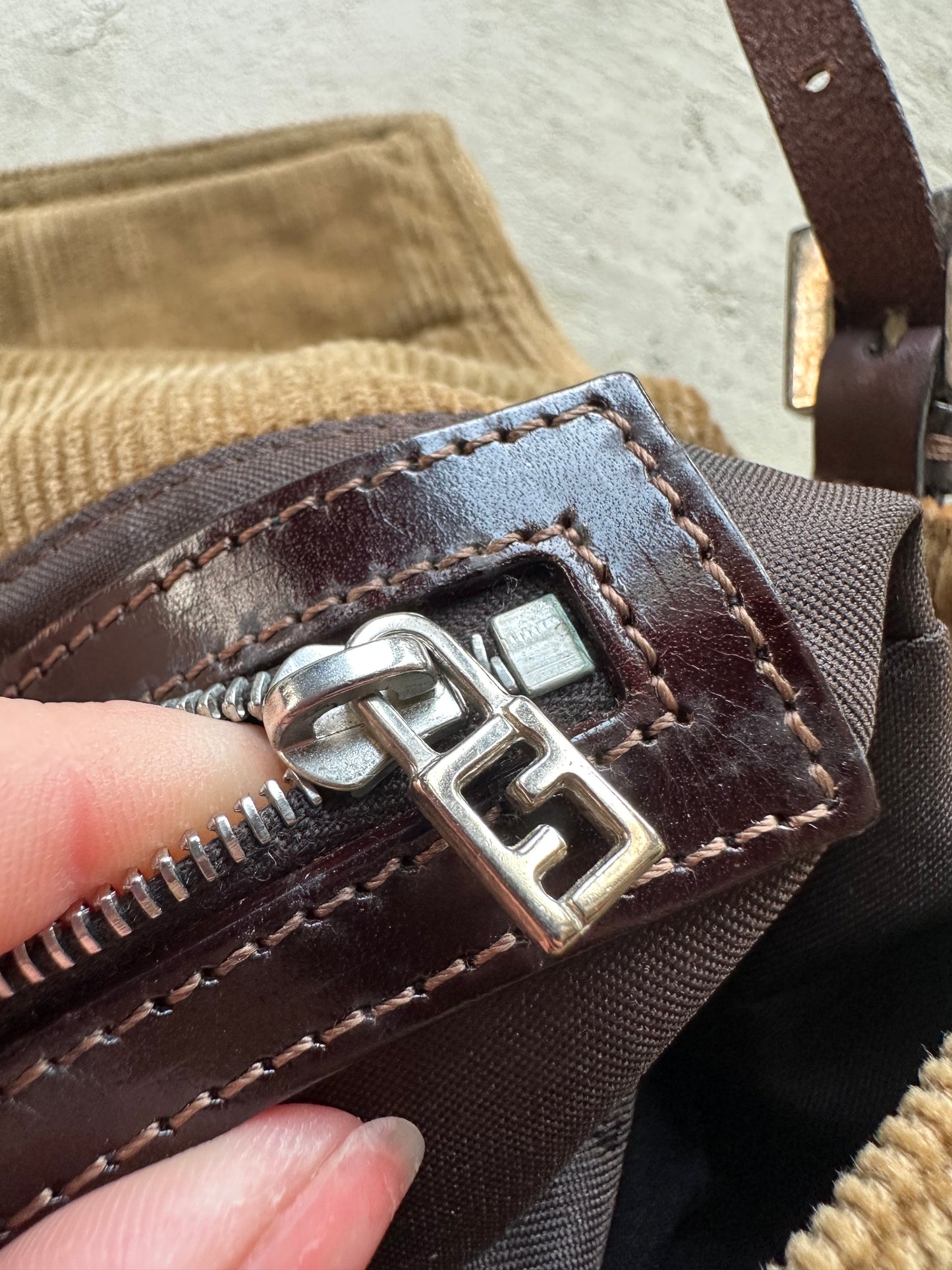 Vintage Fendi Tan Corduroy Mini Baguette