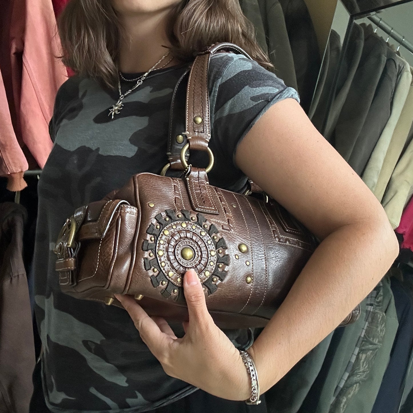 Vintage Y2K Coach Brown Studded Leather Shoulder Bag