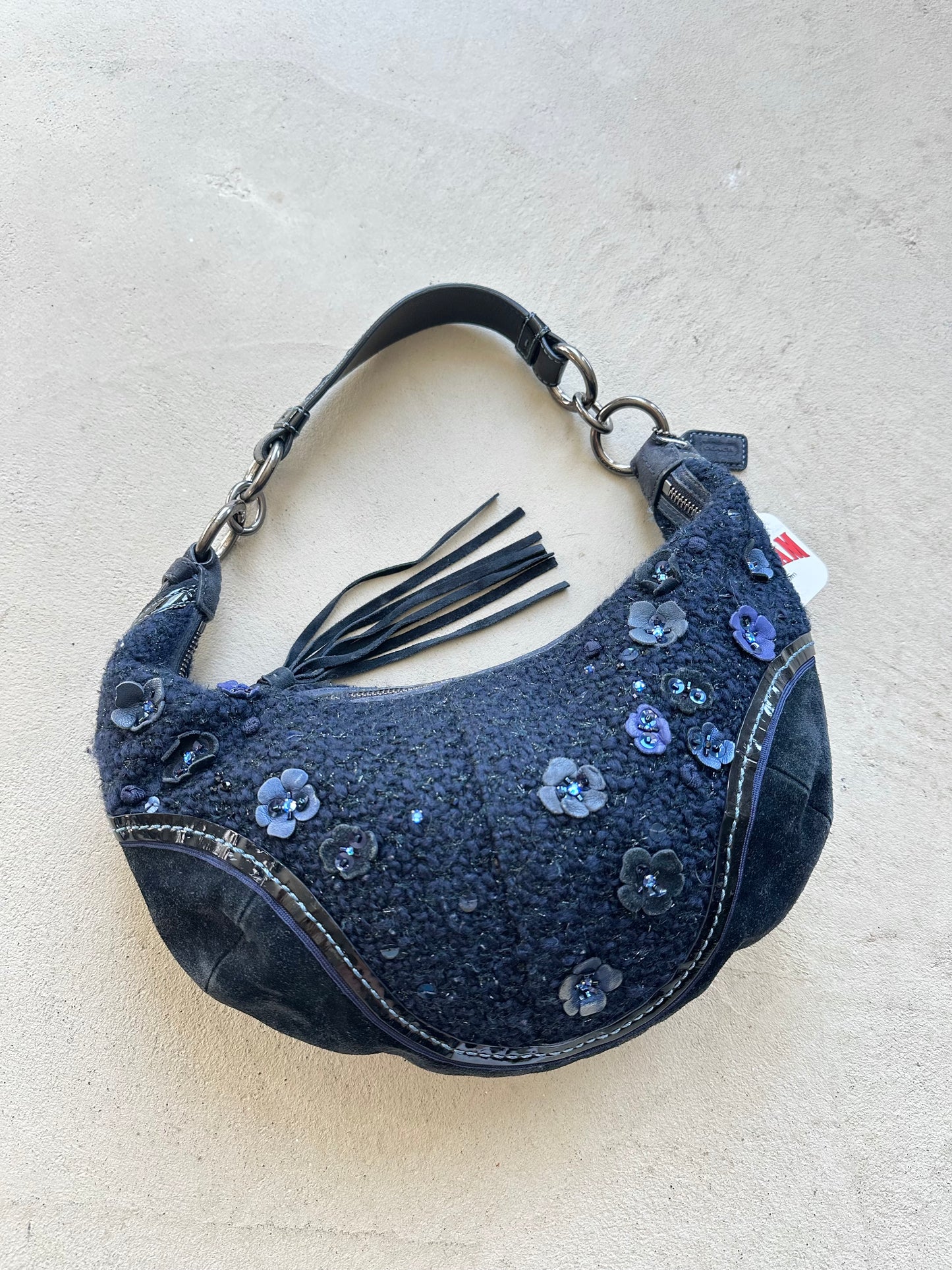 Vintage Y2K Coach Flower Navy Wool Croissant Shoulder Bag
