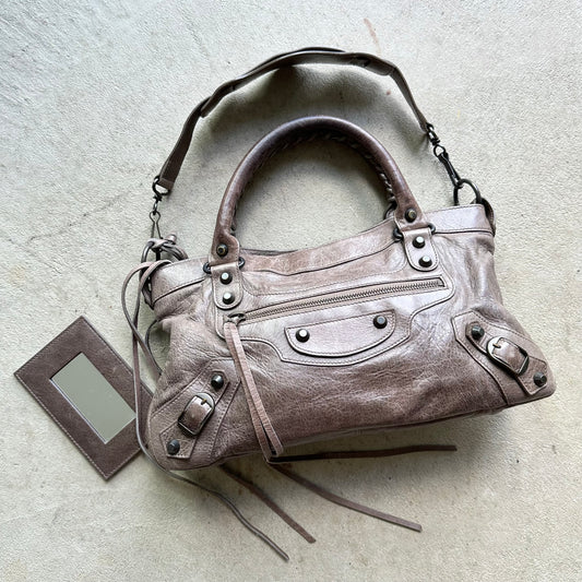 Vintage Y2K Balenciaga Grey Leather Mini City Shoulder Bag