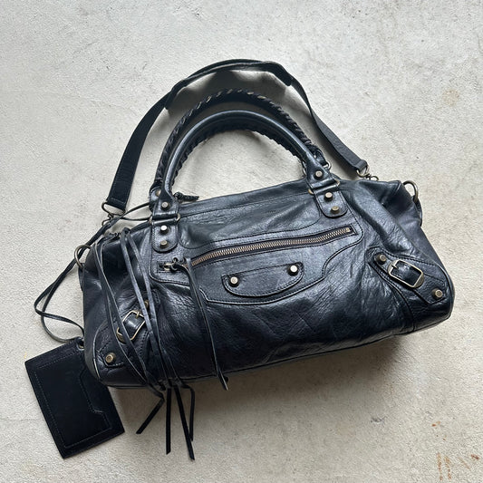 Vintage Y2K Balenciaga Black Leather City Shoulder Bag