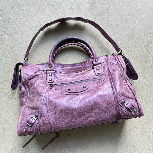 RARE! Vintage Y2K Balenciaga Purple Metallic Leather City Shoulder Bag