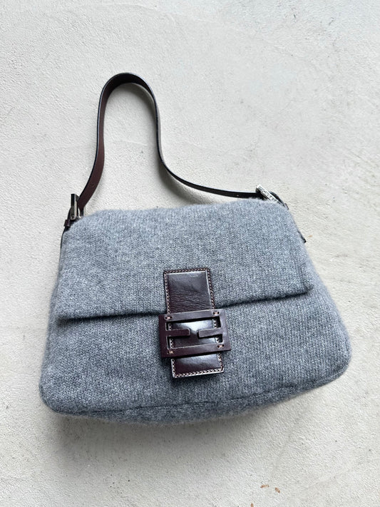Vintage Fendi Mama Baguette Grey Wool Shoulder Bag
