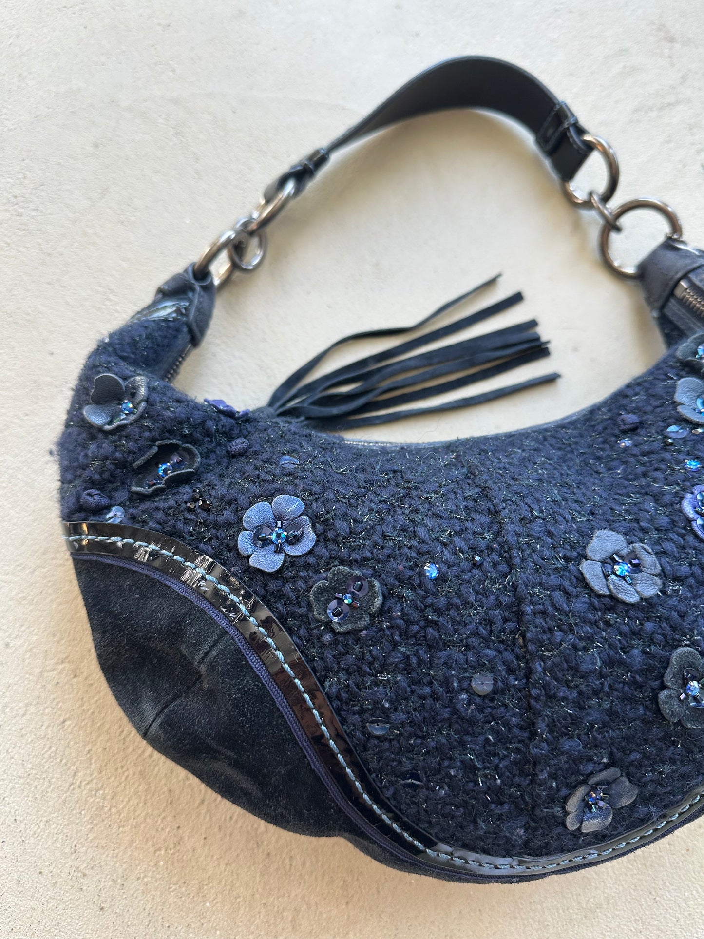 Vintage Y2K Coach Flower Navy Wool Croissant Shoulder Bag