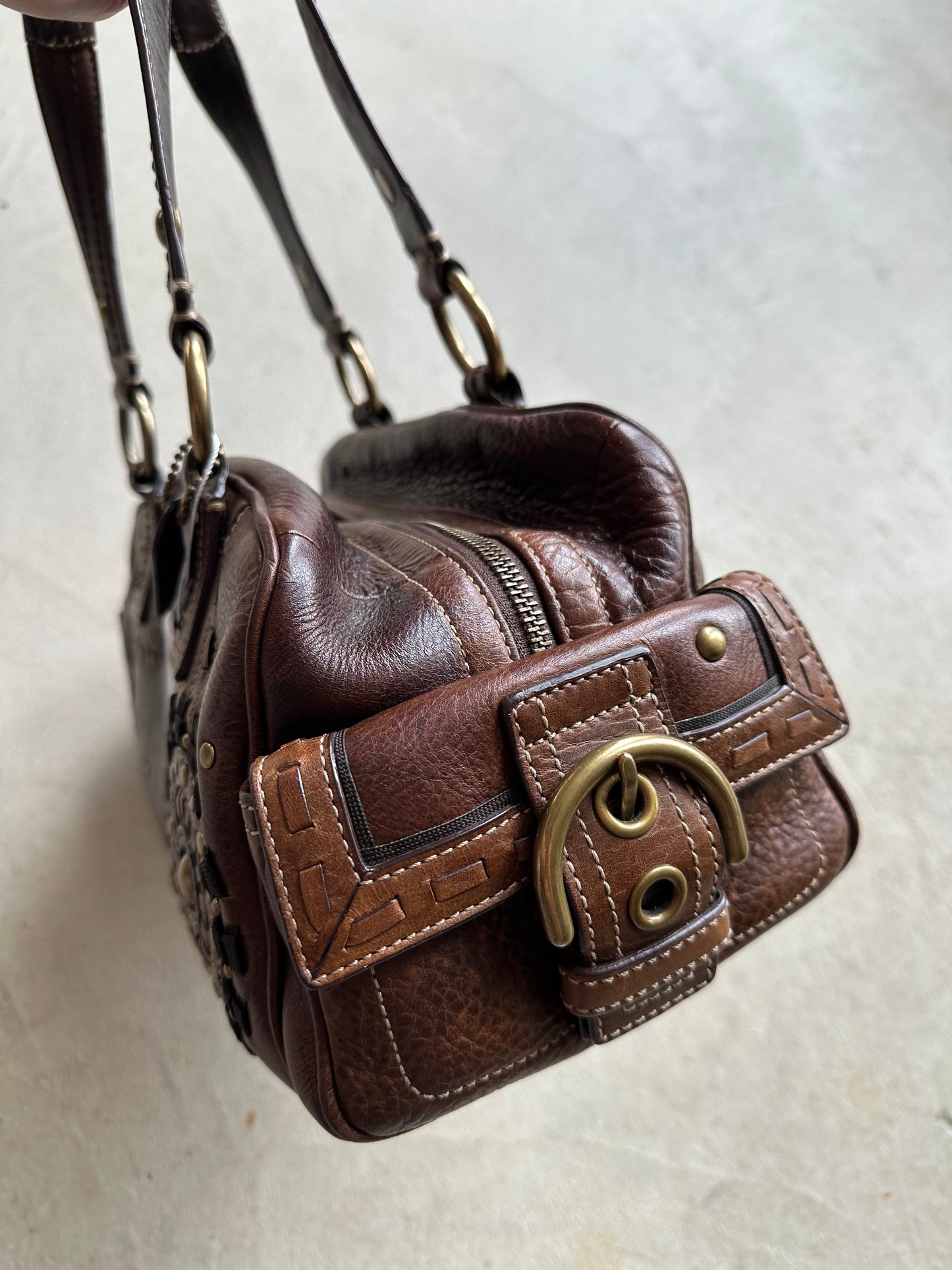 Vintage Y2K Coach Brown Studded Leather Shoulder Bag