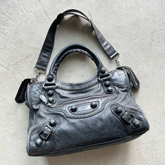 Vintage Y2K Balenciaga Black Motocross Leather City Shoulder Bag