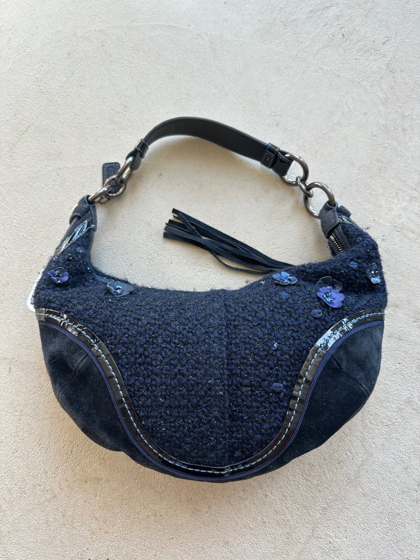 Vintage Y2K Coach Flower Navy Wool Croissant Shoulder Bag