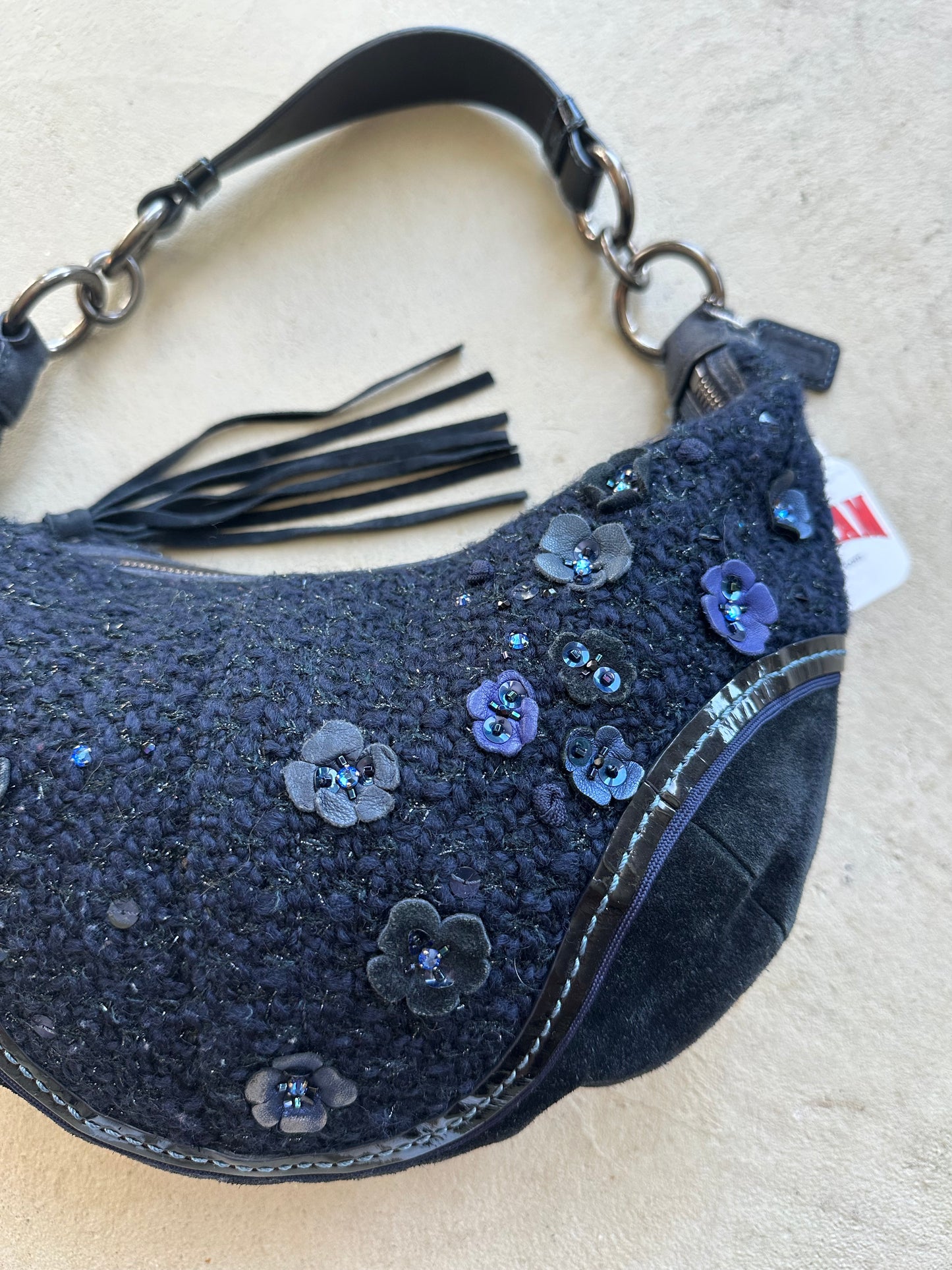 Vintage Y2K Coach Flower Navy Wool Croissant Shoulder Bag
