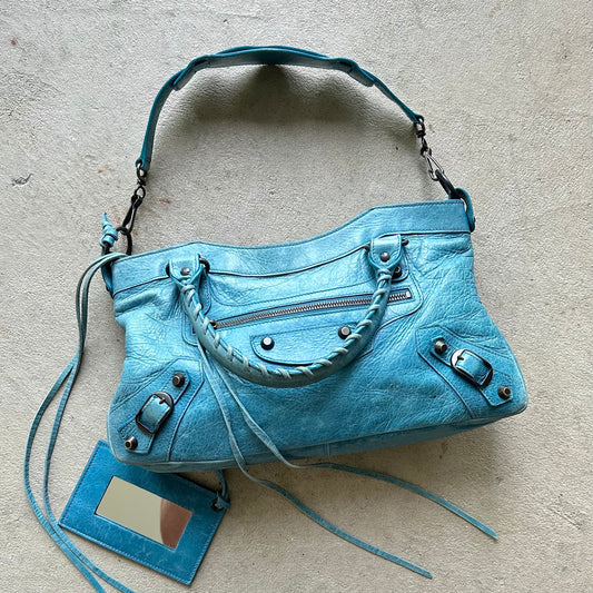 RARE! Vintage Y2K Balenciaga Aqua Blue Leather Mini City Shoulder Bag