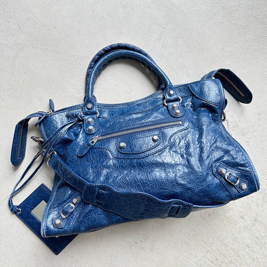 Y2K Balenciaga Dark Blue Leather City Shoulder Bag