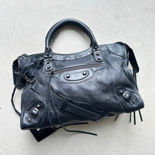 Vintage Y2K Balenciaga Black Leather City Shoulder Bag