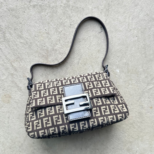 Vintage Fendi Mini Baguette Style Brown Zucchino Shoulder Bag