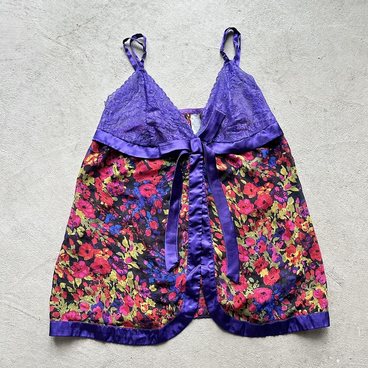 Y2K Purple Floral Long Lace Top - L