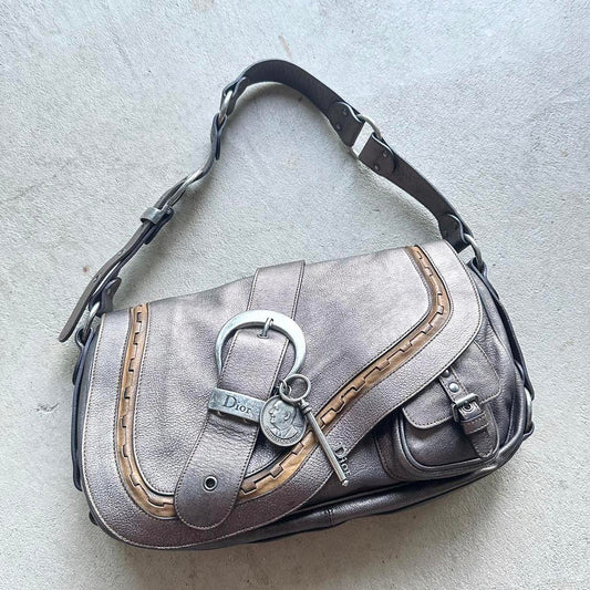 Vintage ‘06 Dior Gaucho Double Saddle Metallic Leather Shoulder Bag