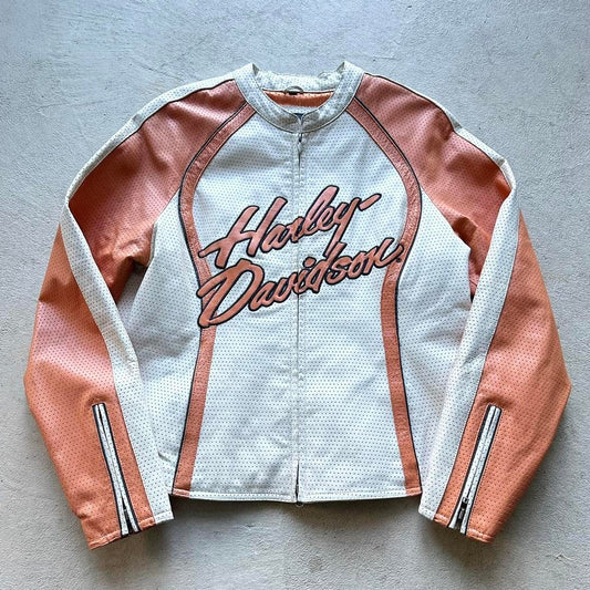 Vintage Y2K Harley Davidson Orange Leather Motorcycle Jacket - XL