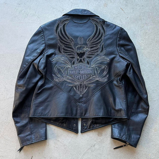 Vintage Harley Davidson Black Leather Motorcycle Jacket - L